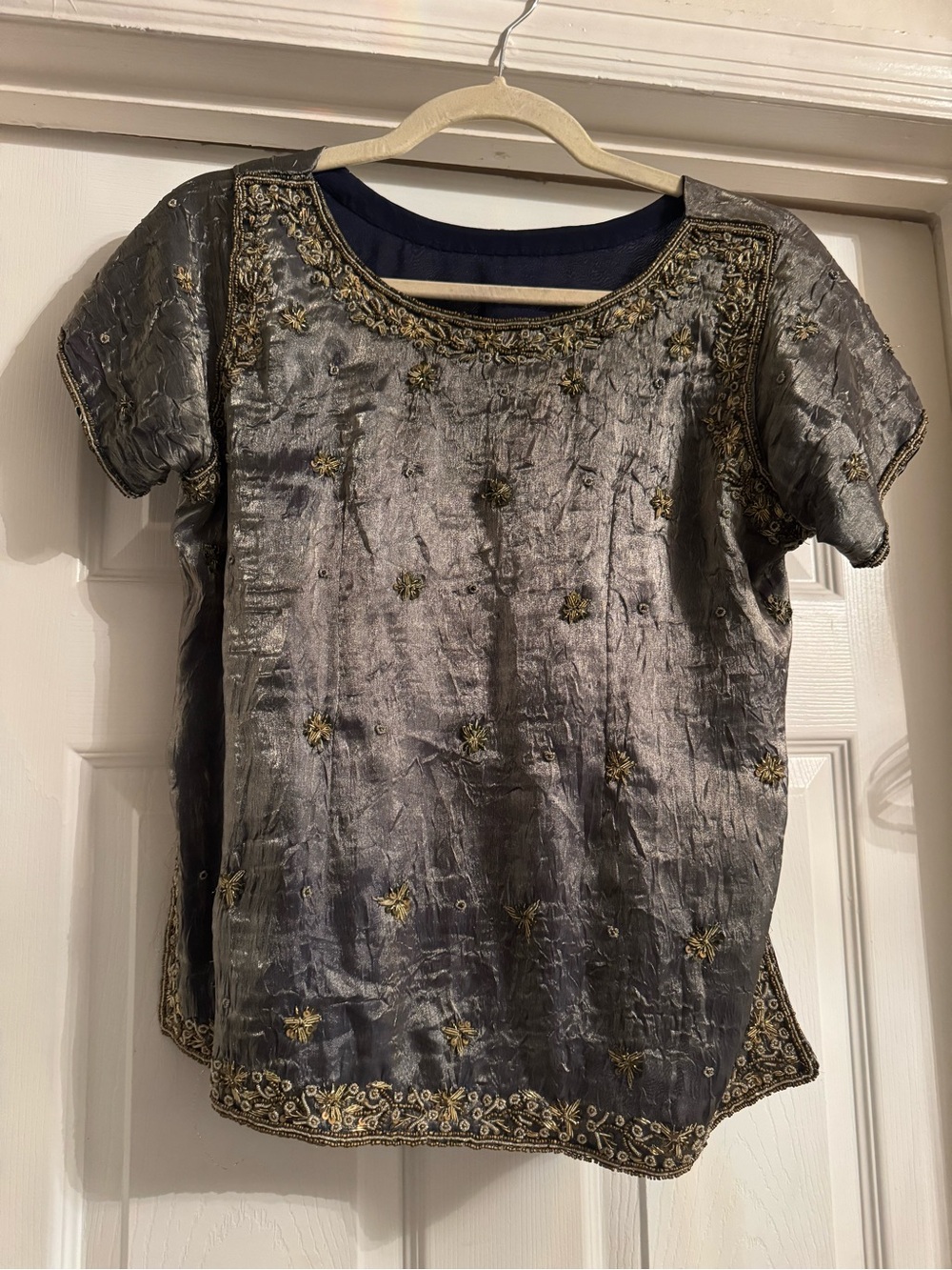 Embroidered Metallic Gray Women's Top with Gold Accents